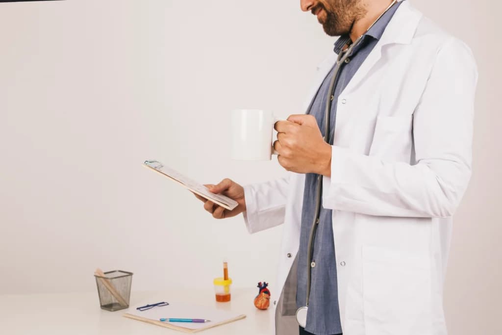 doctor drinking coffee working with ipad