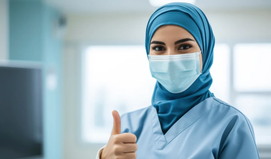 Digital Health in Saudi Arabia - A hijabi and masked nurse smiling giving thumbs up