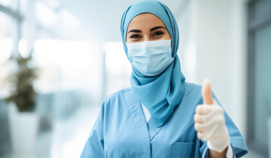 Healthcare CRM in KSA - A masked hijiabi nurse smiling 